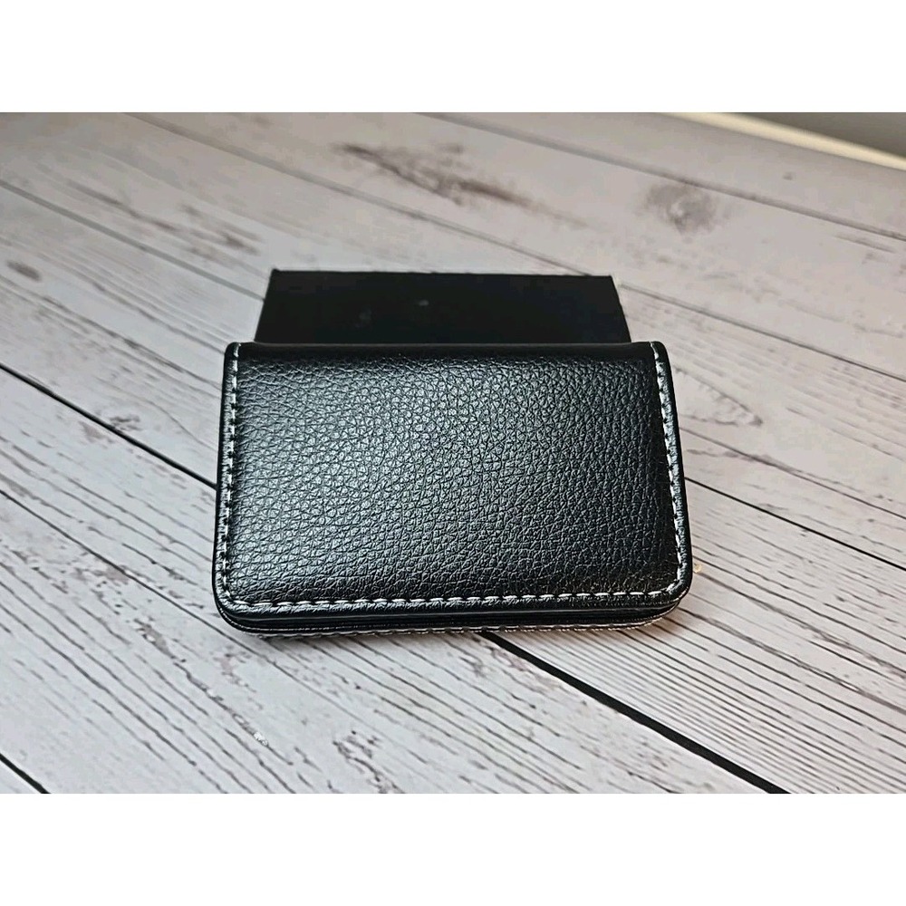 Faux Leather Business Card Holder Black White Stitch Magnetic Closure Pleather
